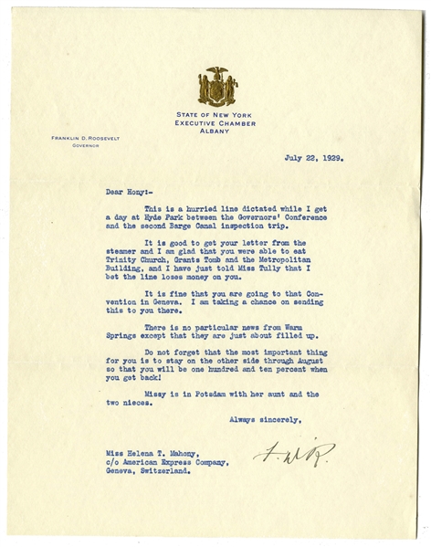 Franklin D. Roosevelt Letter Signed to His Physical Therapist Helena Mahoney, Who Famously Helped FDR Continue a Political Career After His Polio Diagnosis